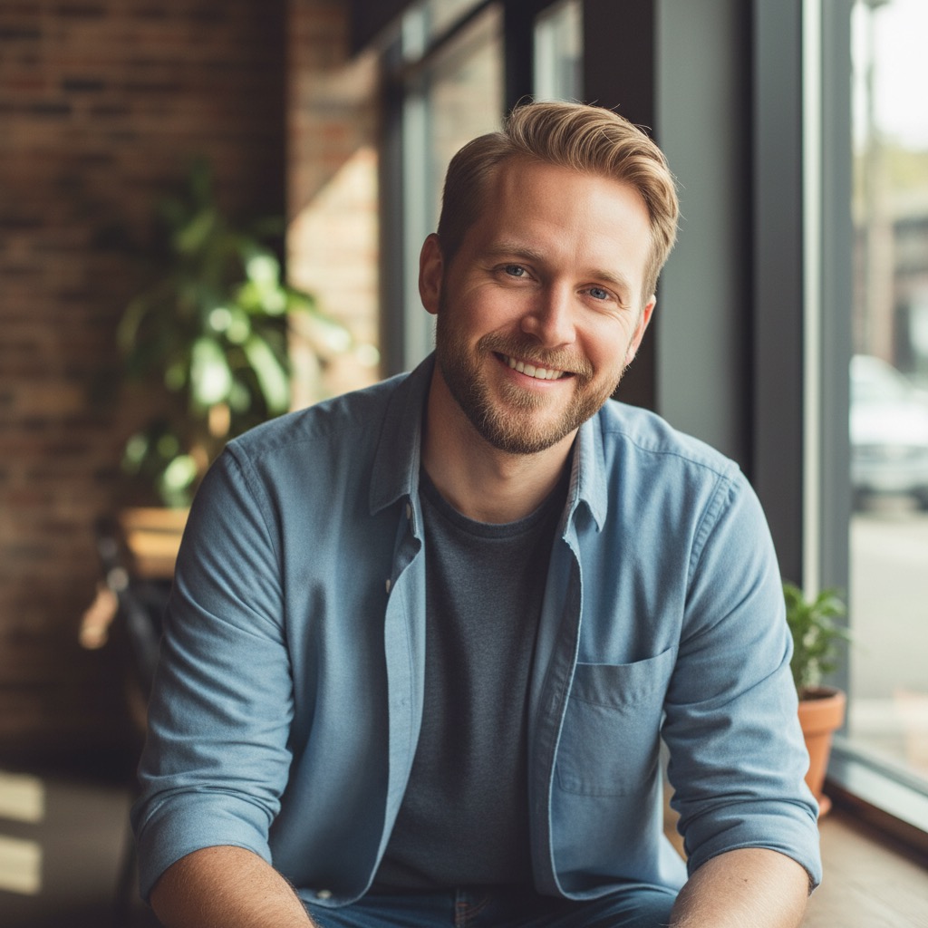 Een glimlachende man met blond haar en een baard draagt een blauw overhemd en zit bij een raam in een sfeervolle ruimte.